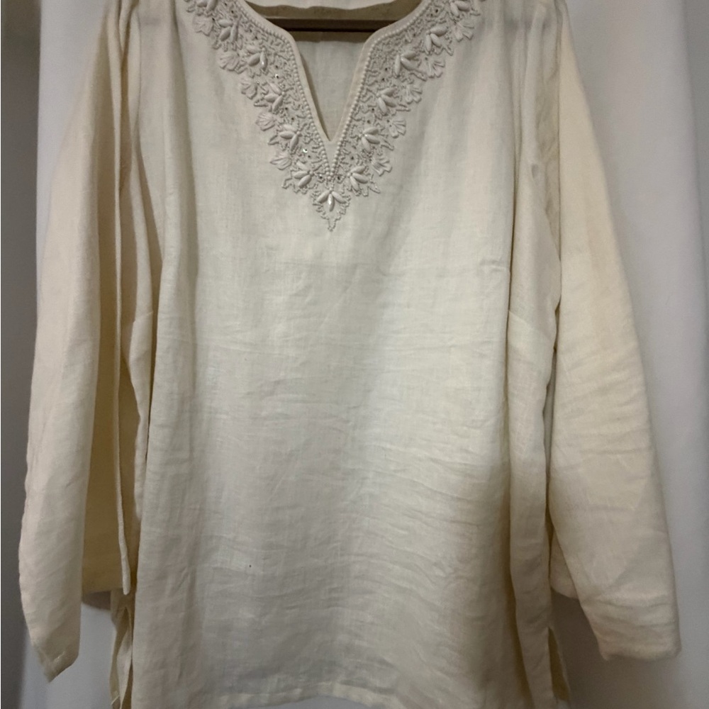 Talbots off White Women's tunic Top with jeweled neckline.